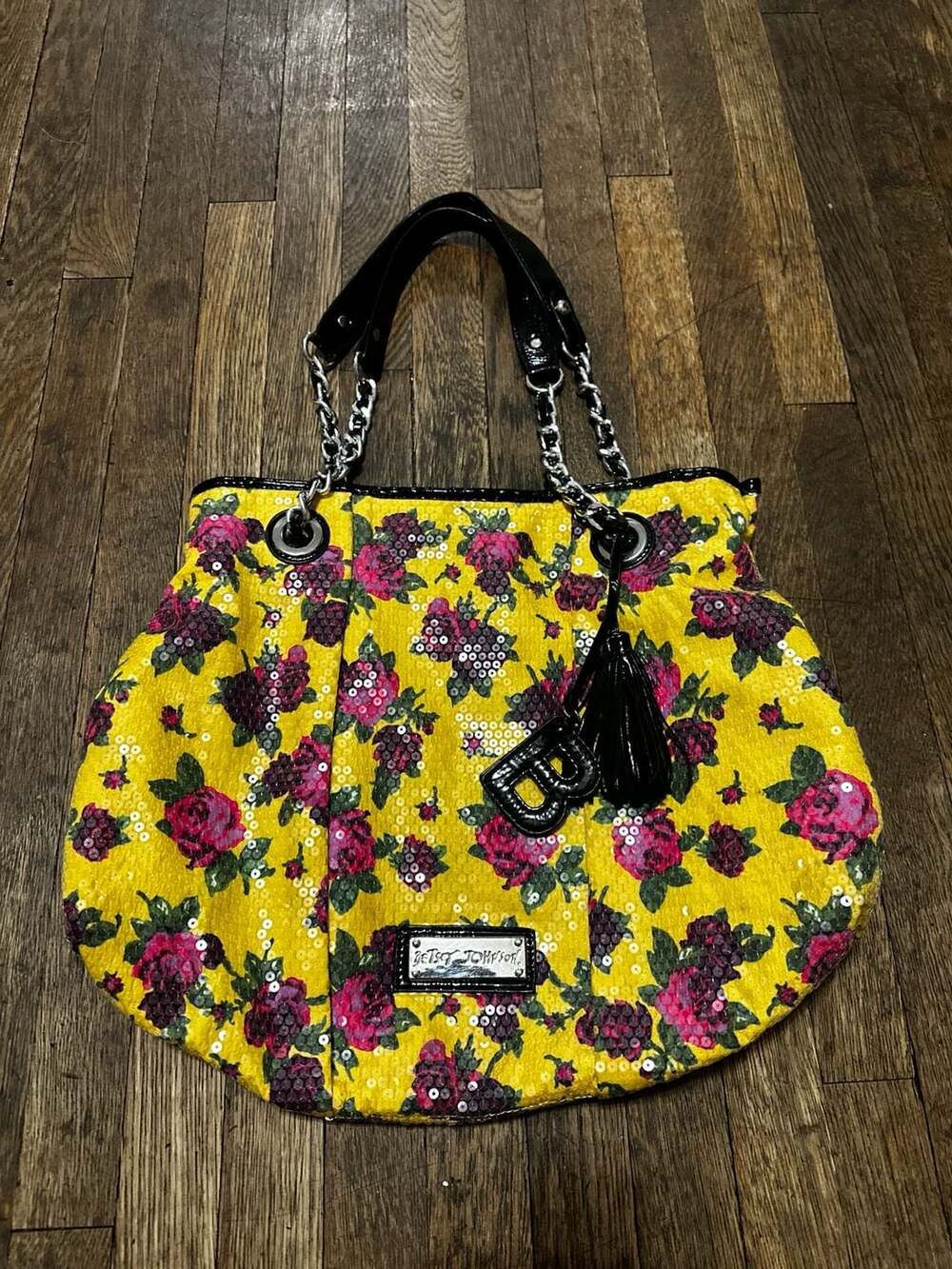 Y2K Betsey Johnson Yellow Floral Sequin Shoulder Bag with Chain Strap
